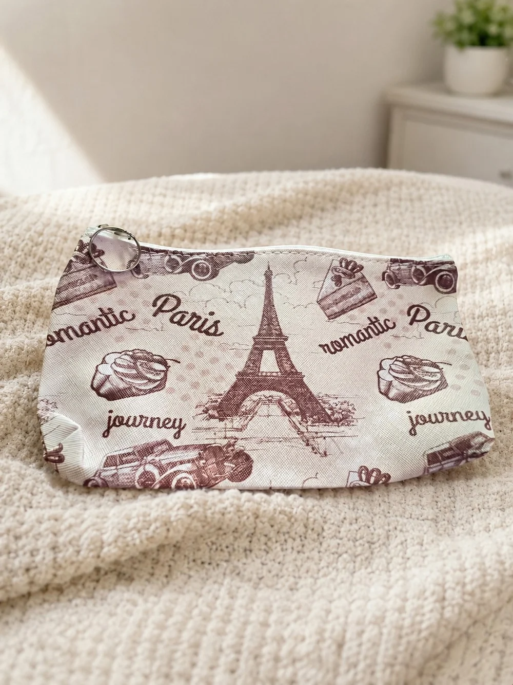 Paris Print Canvas Cosmetic Pouch - Cream & Brown